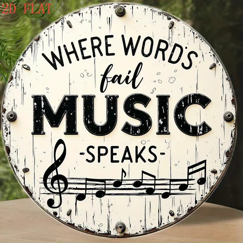 Rundes Aluminium-Wandschild Potdemiel Where Words Fail Music Speaks in Weiß, Durchmesser: 20,32 cm - Bild 4