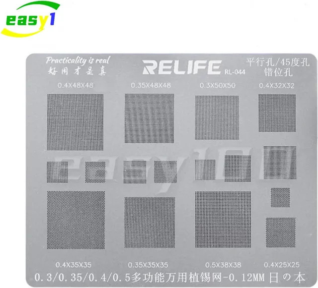 RELIFE Mehrzweck-BGA-Schablone in Silber für universelles Löten und BGA-Reballing mit 0,3/0,35/0,4/0,5/Parallel/45-Grad-Loch sowie Lötnetz - Bild 1