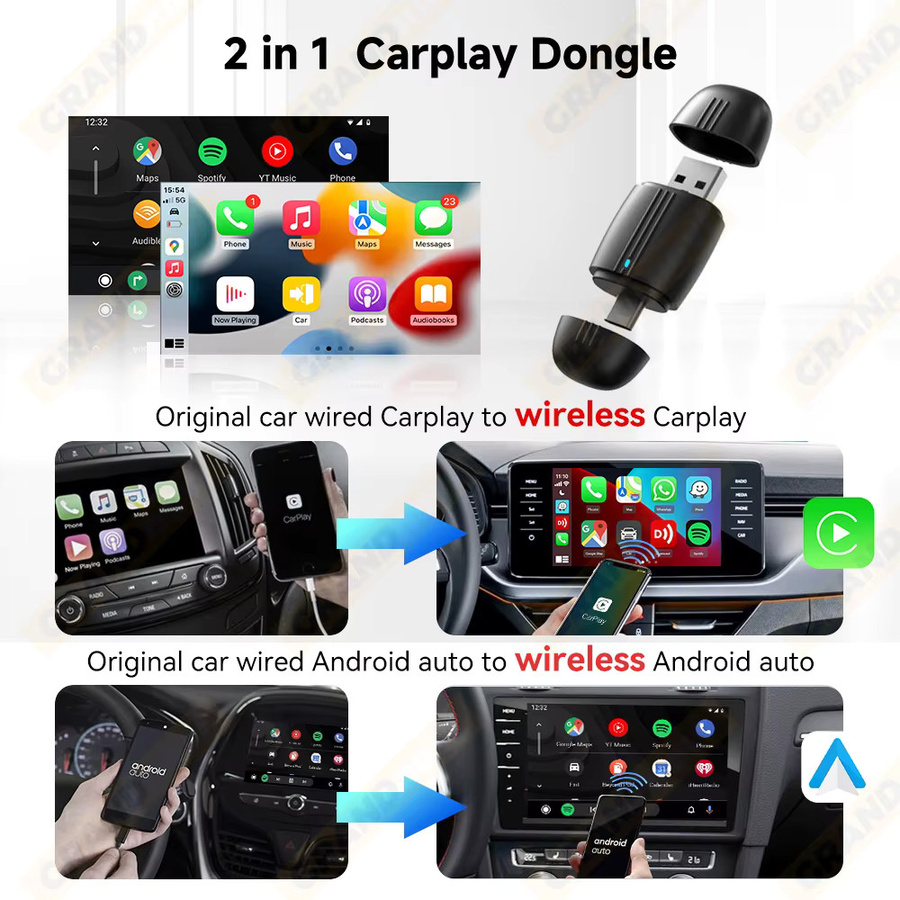 Grandnavi 2-in-1 Kabelloser CarPlay und Android Auto Adapter mit USB und USB-C Dual-Interface in Schwarz - Bild 2