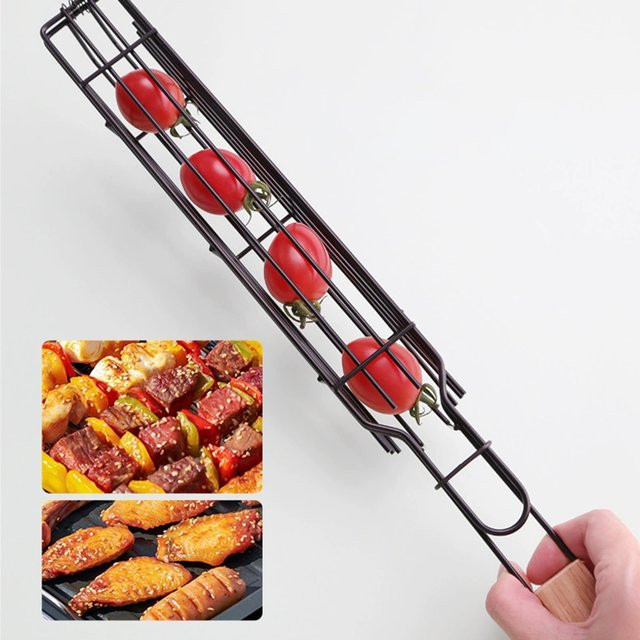 Edelstahl-Grillkäfig mit Holzgriff in Silber für Fisch, Garnelen und Gemüse - Bild 1