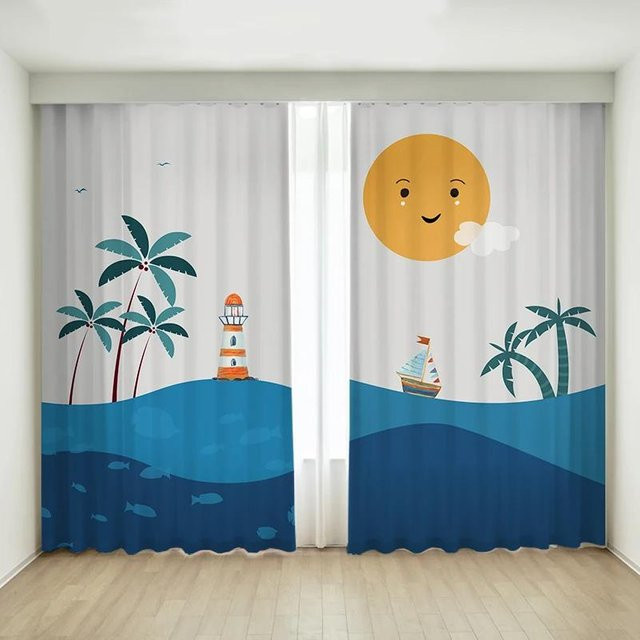 Yiran Furniture Kinderzimmer Vorhang mit Segelboot-Motiv, 2er-Set, B: 55 cm, H: 120 cm, Mehrfarbig, Polyester mit Ösenaufhängung - Bild 1
