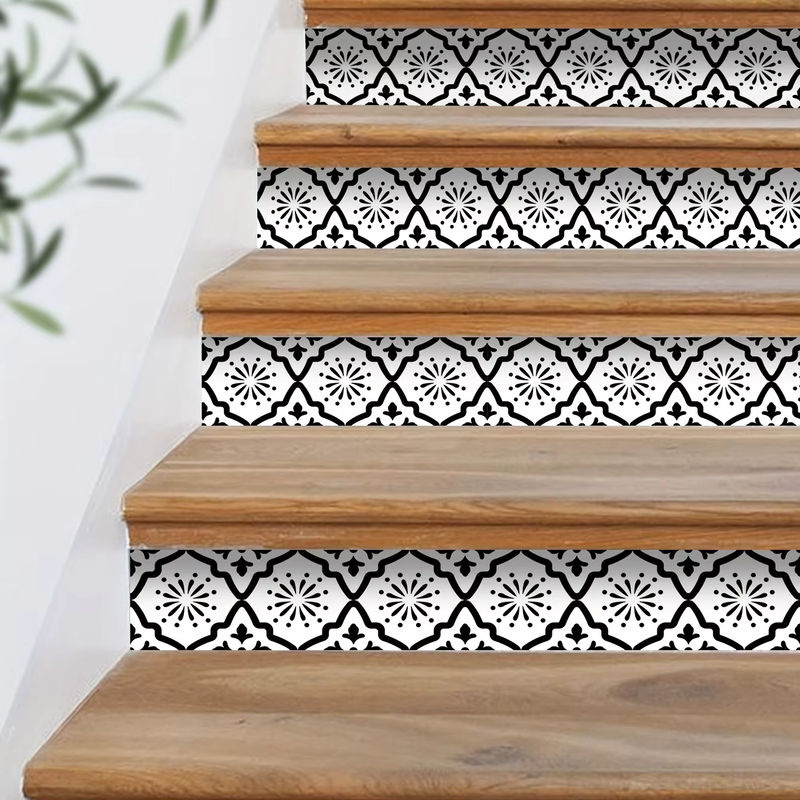 Selbstklebende Treppenstufen-Aufkleber in Schwarz-Weiß mit geometrischem Design, wasserfest und feuchtigkeitsbeständig für Keramikfliesen - Bild 5