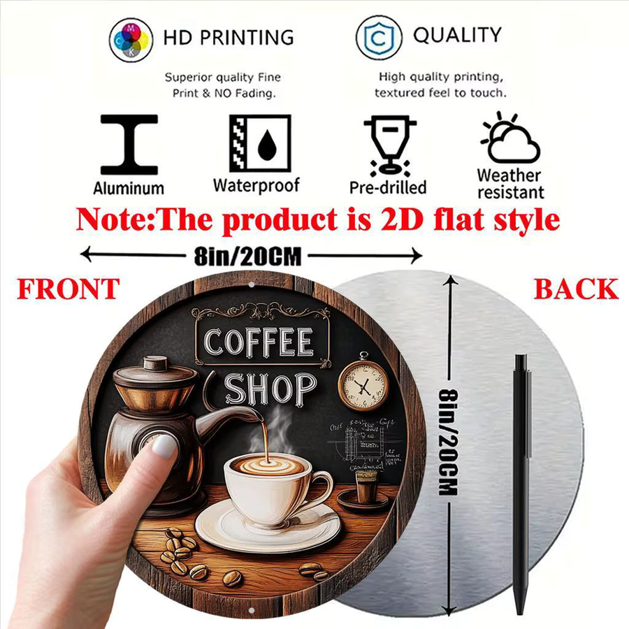 Potdemiel Runde Aluminium-Wandkunst im Vintage-Stil mit Kaffee-Thema, Mehrfarbig, Durchmesser: 20,3 cm - Bild 2