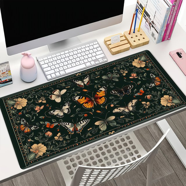 Mairuige Schreibtischmatte mit grünem Blumenmuster, Schmetterlingen und Stadtlandschaft, rutschfestes Gummi-Mauspad für Büro und Tastatur, mehrfarbig - Bild 1