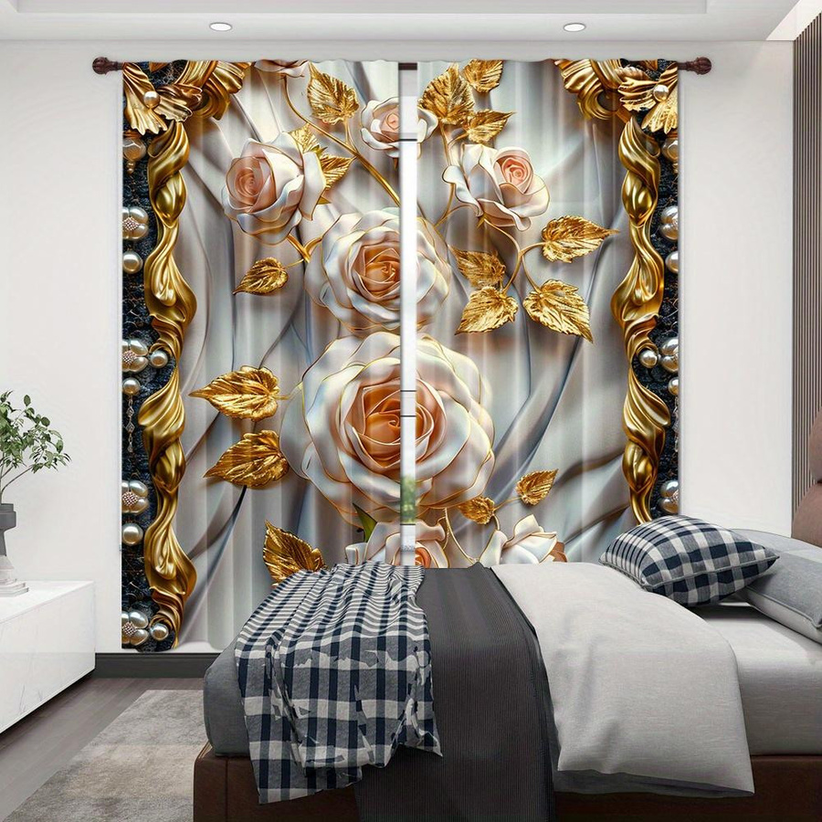 2-teiliges Set Yiran Furniture Vorhänge mit floralem Design in Gold, semi-transparent, Breite: 50 cm, Höhe: 130 cm - Bild 2