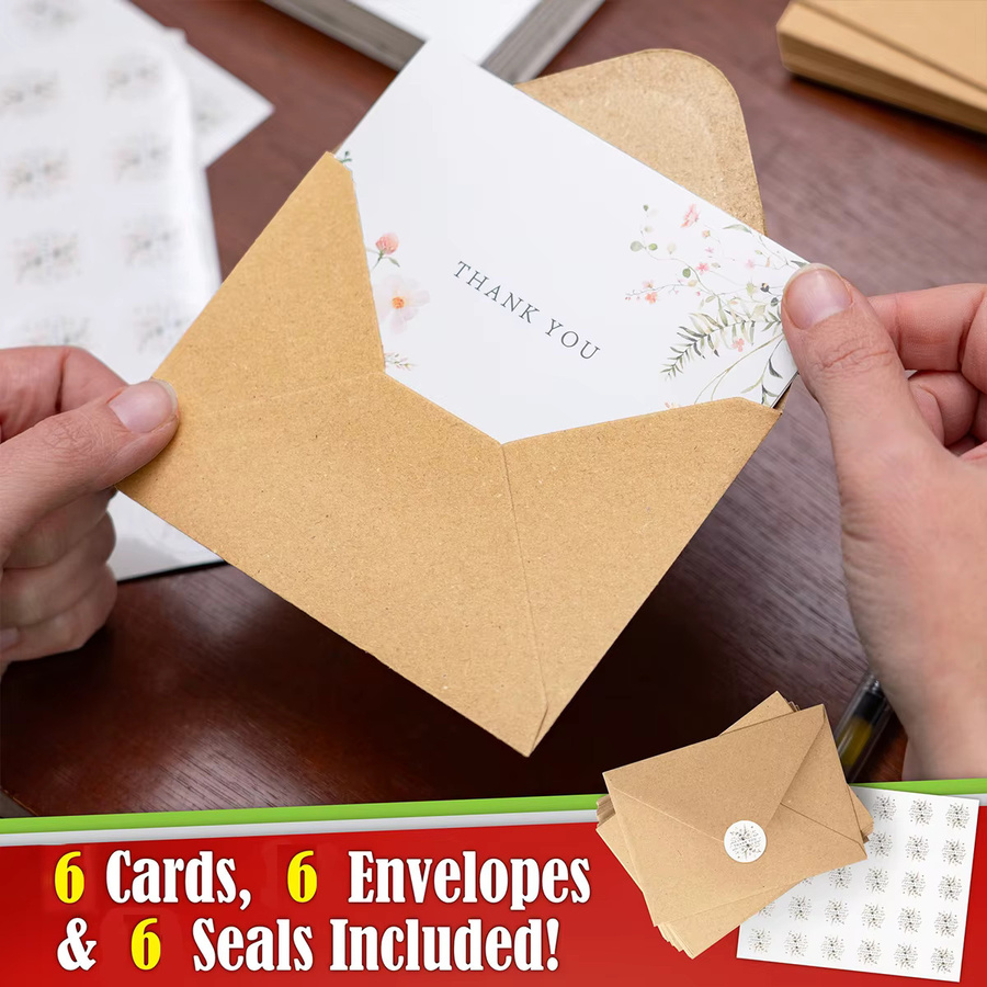 6er-Set florale Dankeskarten mit Kraftumschlägen und passenden Aufklebern aus Papier für Hochzeiten, Brautpartys, Abschlussfeiern und Geburtstage - Bild 3