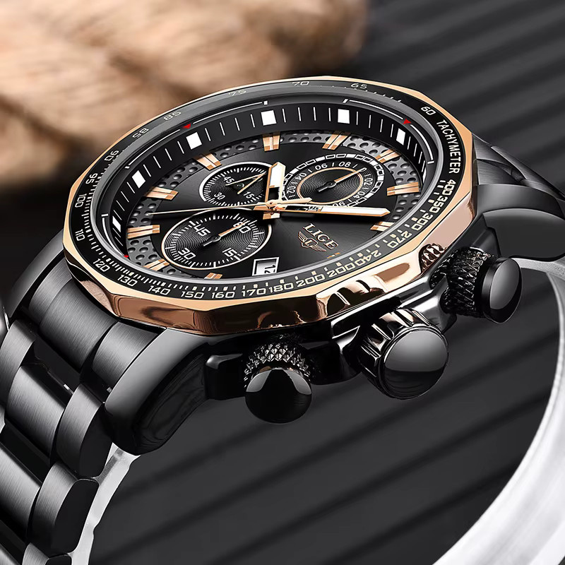 LIGE Chronograph, Quarz, Edelstahl, Silikon, Schwarz, Herren - Bild 5