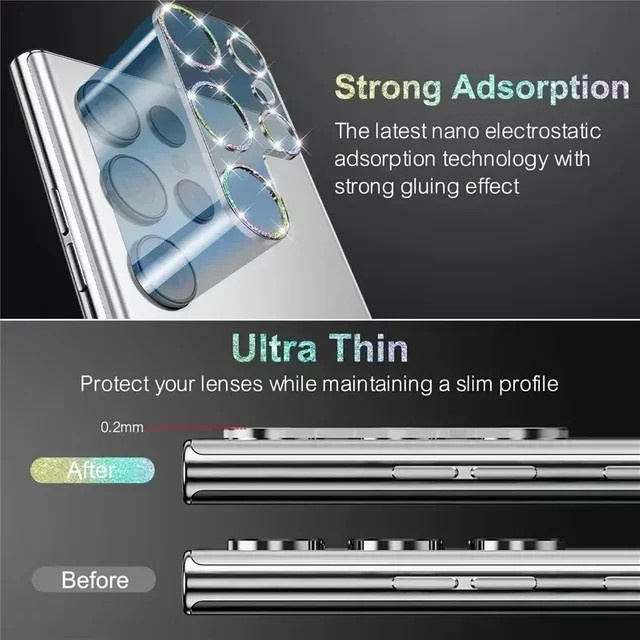 Glitzer Kameraschutz aus gehärtetem Glas für Samsung Galaxy S25, S24, S23 Ultra Plus und S25 Ultra in Silber - Bild 1