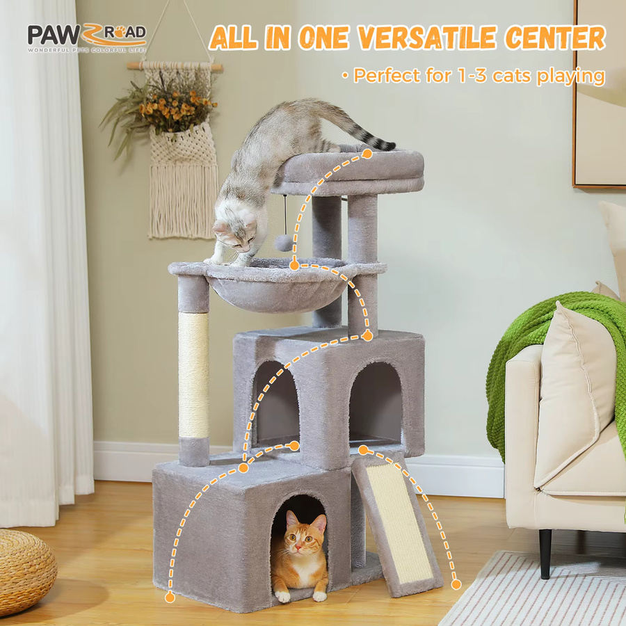 PAWZ Road Kratzbaum für Katzen in Grau mit integriertem Spielzeug und Katzenhöhle aus Sisal - Bild 1