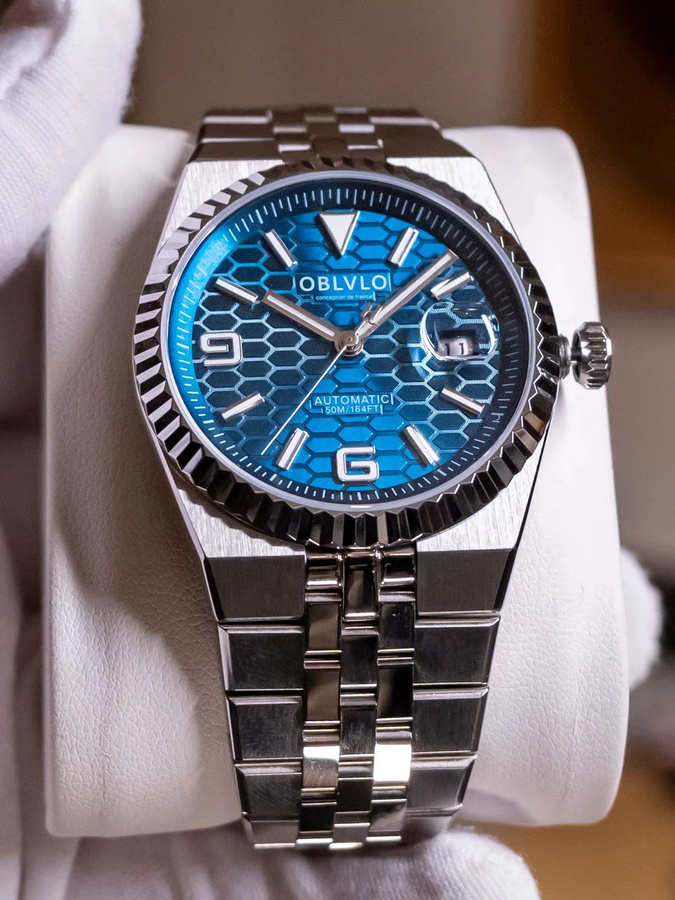 OBLVLO Armbanduhr Automatik, blaues Zifferblatt, Edelstahl, Herren - Bild 4
