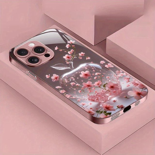 iPhone Hülle mit Kirschblüten-Apfelmuster in Rosa, gehärtetes Glas mit Metalllack-Finish für iPhone 17 16 15 14 13 12 Pro Max Plus und 17Air - Bild 1