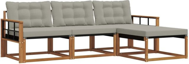 vidaXL Outdoor-Sofagarnitur 4-tlg. aus Akazienholz mit Kissen in L-Form, Natur und Hellgrau - Bild 1
