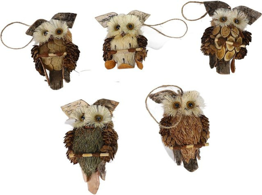 5er Set GoolRC Eulen-Hängeornamente aus Holz und Naturmaterialien in Braun und Mehrfarbig für rustikale Dekoration zu Weihnachten und Thanksgiving - Bild 1