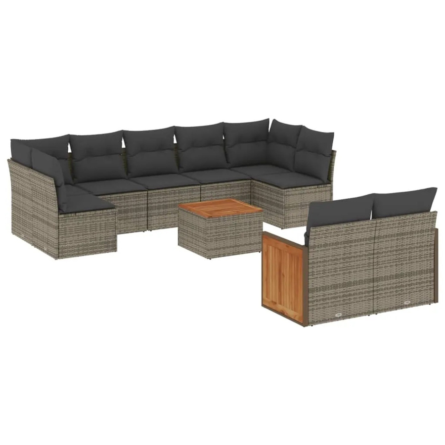 vidaXL 10-tlg. Garten-Sofagarnitur aus Poly-Rattan und Akazienholz in Grau mit Kissen - Bild 2