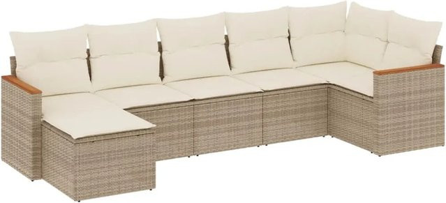 vidaXL 7-teilige Garten-Sofagarnitur aus Poly-Rattan in Beige mit Kissen und Akazienholz - Bild 1