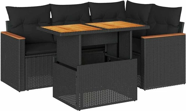 vidaXL 5-teilige Garten-Sofagarnitur aus Poly-Rattan und Akazienholz in Schwarz mit Kissen - Bild 1