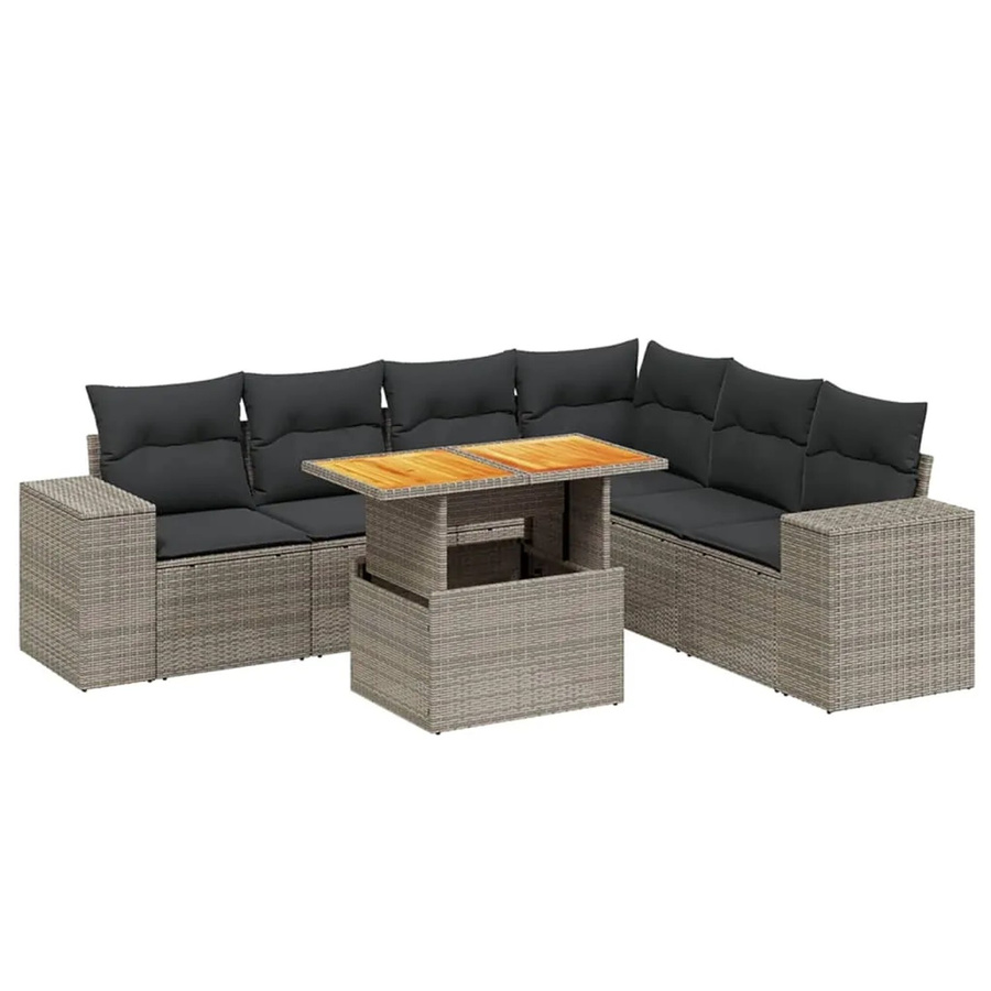 vidaXL 7-teilige Garten-Sofagarnitur in L-Form aus grauem Poly-Rattan mit Kissen und Akazienholz - Bild 2