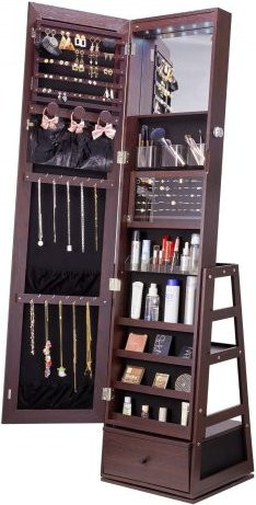 VEVOR Schmuckschrank mit Ganzkörperspiegel, Freistehender Schmuckarmoire mit LED-Beleuchtung, Schloss und Schubladen, Braun, H x B x T: 160 x 39 x 36,7 cm - Bild 1