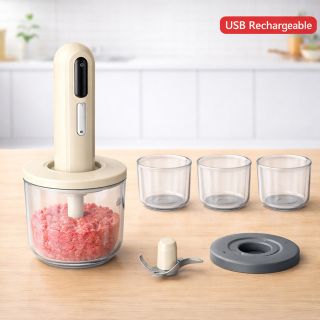XMSJ Kabelloser elektrischer Fleischwolf aus Edelstahl und Kunststoff, Multifunktionaler Küchenhelfer und Zerkleinerer für Knoblauch, Gemüse und Babykost, Farben: Silber oder Beige - Bild 1