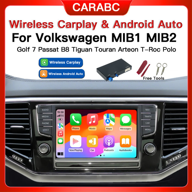CARABC Drahtloses CarPlay und Android Auto Modul für VW Volkswagen Skoda Octavia A5 Golf 7 Polo Passat B8 mit Mirror Link und MIB/MIB 2 Decoder Box, Schwarz - Bild 1