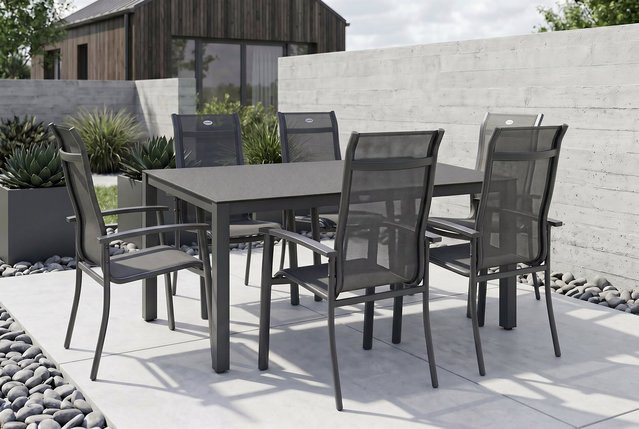 Hartman Alice Garten-Essgruppe aus Aluminium und Textil in Anthrazit mit 6 Stapelsesseln, Tisch B: 160 cm, T: 95 cm, H: 74 cm - Bild 1