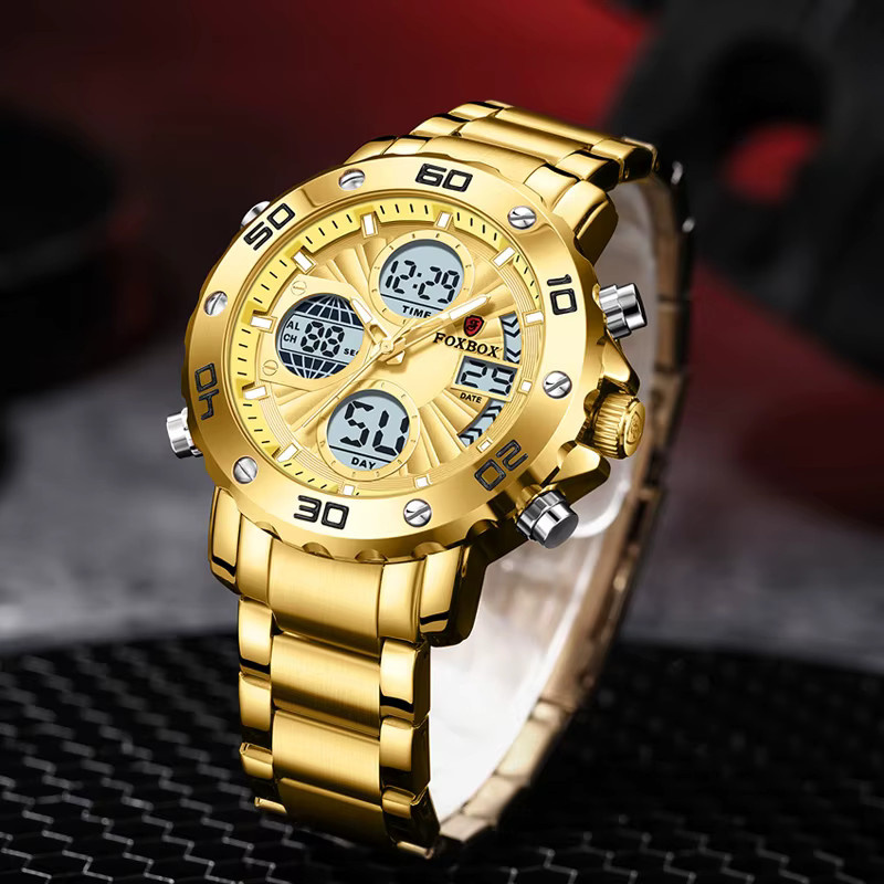 FOXBOX Digitaluhr, Quarz, Edelstahl, Gold, Blau, Herren - Bild 3