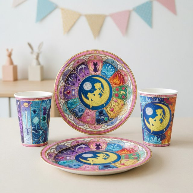 Sailor Moon Einweg-Tischgeschirr-Set für deine Geburtstagsparty in Mehrfarbig mit Tellern, Bechern, Strohhalmen, Banner und Kuchendekoration - Bild 1