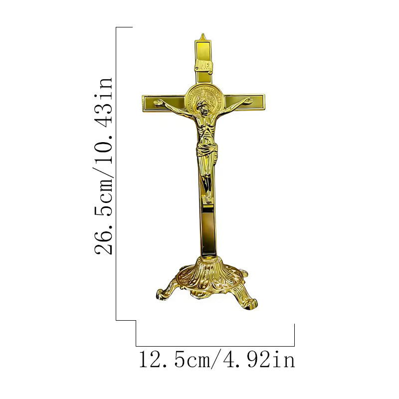HTISOK Goldener stehender Kruzifix mit INRI-Inschrift und Heiliger-Benedikt-Medaillon aus Metall für die Kirchendekoration und spirituelle Andacht in Gold und Grün - Bild 4