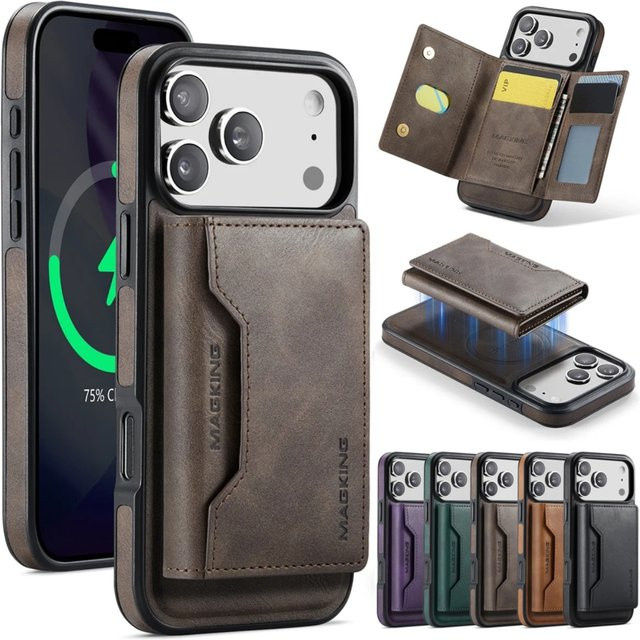 Abnehmbare RFID Leder Handyhülle mit Magnet-Wallet für iPhone 17 Pro Max 16 Plus 15 14 13 12 in Braun und Wireless Charging Kompatibilität von aierkeba - Bild 1