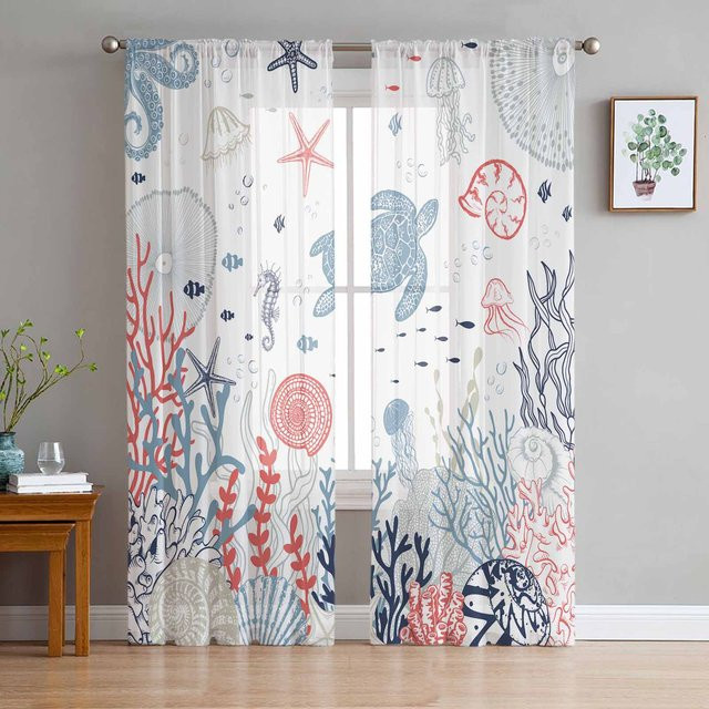 Transparente Tüll-Vorhänge mit Meeresschildkröten-Motiv in Koralle und Multicolour, Organza-Voile für Wohnzimmer und Küche, Breite: 135 cm, Höhe: 115 cm - Bild 1