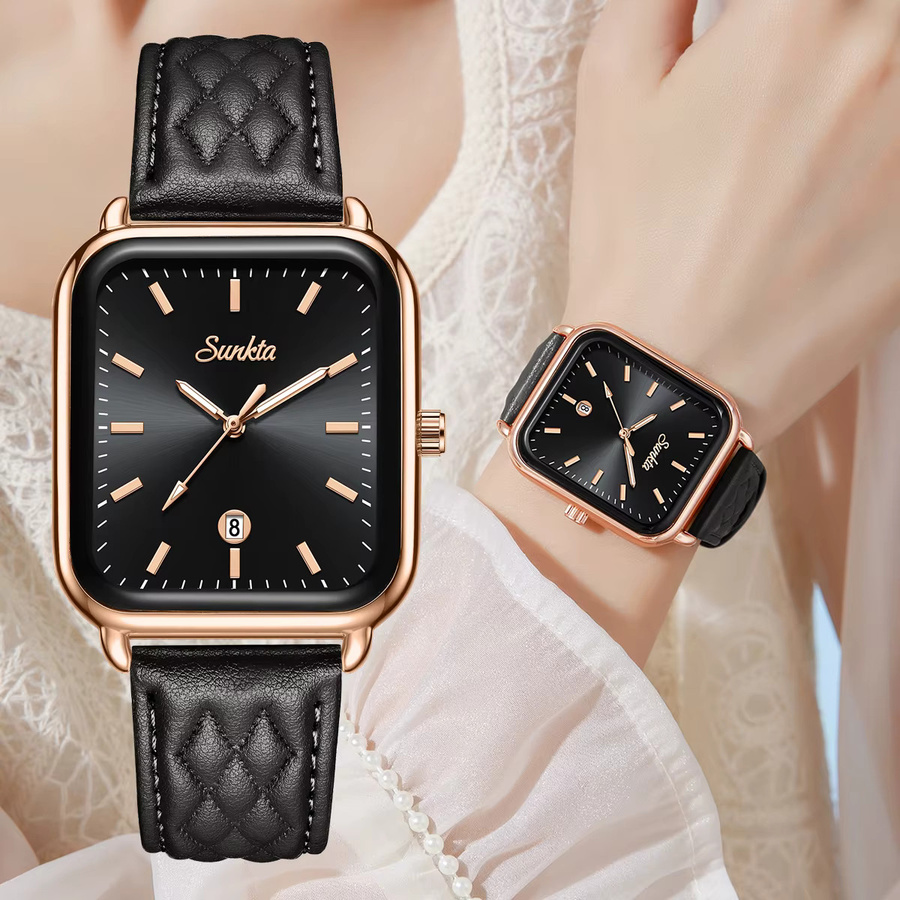 SUNKTA Armbanduhr Damen, Quarz, Leder, Roségold, Eckig, Schwarz - Bild 2