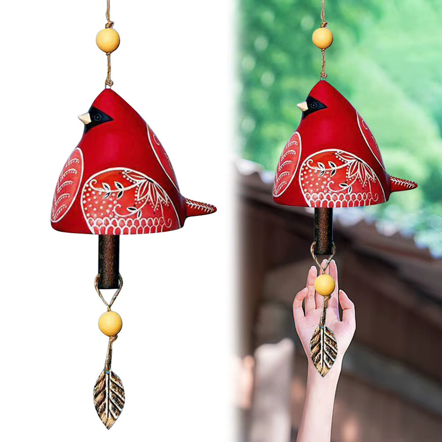 Rustikale Vogelglocke aus Keramik von Shunmaii in Beige und Rot mit floralem Design zum Aufhängen für Garten, Wand oder Fenster - Bild 3