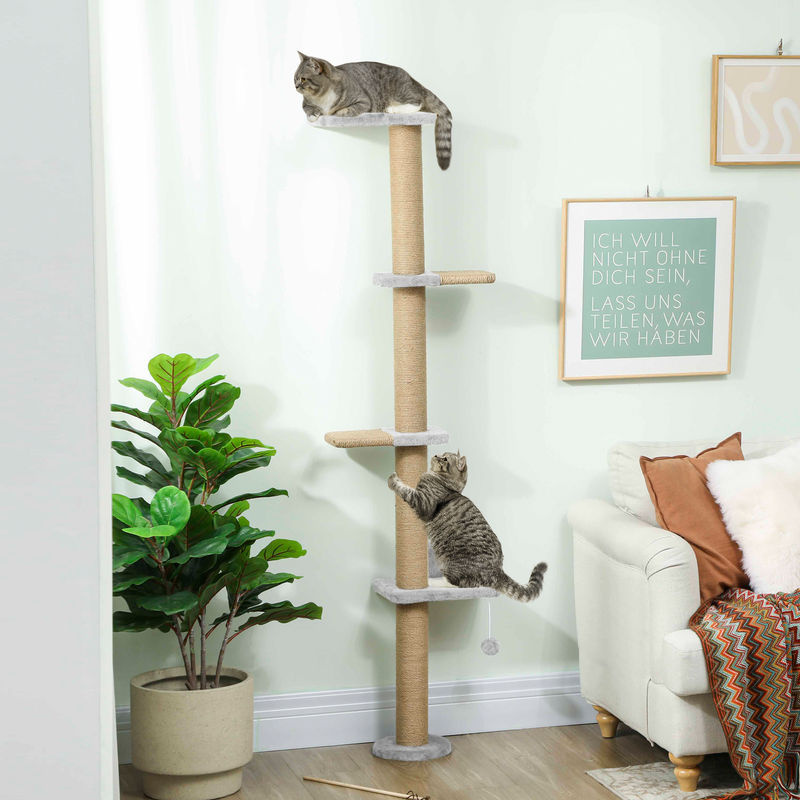 PawHut Kratzbaum Hellgrau mit 5 Etagen, wandmontierter Katzenturm mit Kratzsäulen aus Sisal, Spielball und Sprungplatte, Höhe: 180 cm - Bild 2