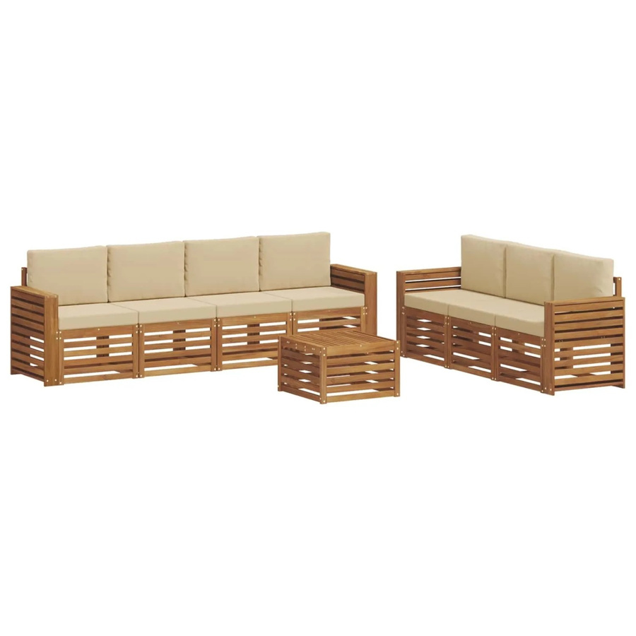 vidaXL Sofagarnitur 8-teilig aus Massivholz Akazie in Natur und Beige mit Tisch und Kissen im modernen Latten-Design - Bild 2