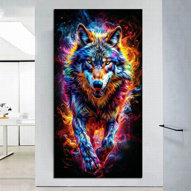 DIY Diamantmalerei Set Abstrakte Flamme Wolf als Mosaik-Stickerei für die Wandgestaltung, B/H: 100 x 200 cm, Mehrfarbig - Bild 1