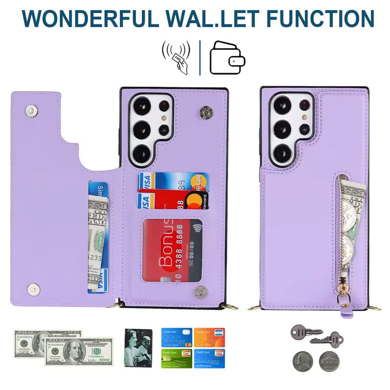 Leder Umhängetasche mit Reißverschluss und Kartenhalter als Handyhülle für Samsung Galaxy S25 S24 S23 S22 Plus S21FE Note 20 Ultra in Braun und Lila - Bild 2
