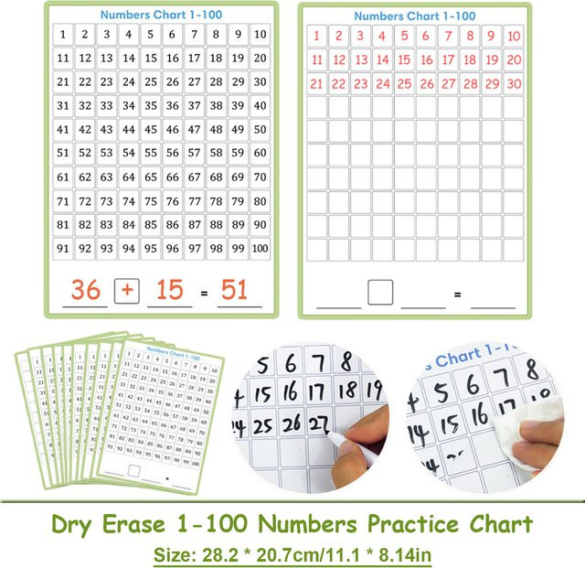 QKX 10 Stück Mathe-Lernplakate für Kinder, doppelseitige Lernposter mit Zahlen 1-100 und Addition, trocken abwischbar, Mehrfarbig - Bild 1