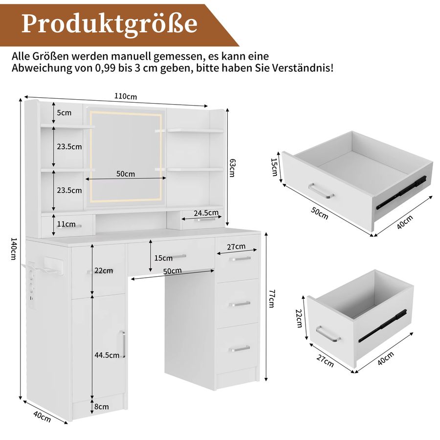 Anajqaqia Schminktisch in Weiß mit LED-Spiegel, Steckdosen, 7 Schubladen, 7 offenen Regalen und Haartrocknerständer, B/T/H: 110 x 40 x 140 cm - Bild 2