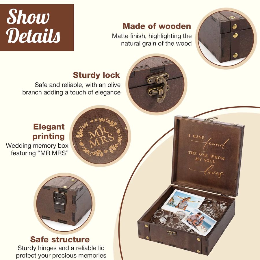 Willstar Hochzeits-Andenkenbox aus Holz in Braun mit Deckel und Schloss im Vintage-Design für Paare - Bild 3