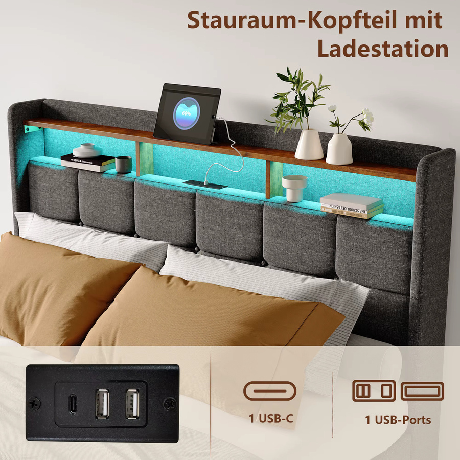Multifunktionales Doppelbettgestell HYNHXBP aus Leinen in Grau mit LED-Beleuchtung, USB-Ladestation und Aufbewahrungsschubladen, B/T/H: 160 x 200 cm - Bild 3