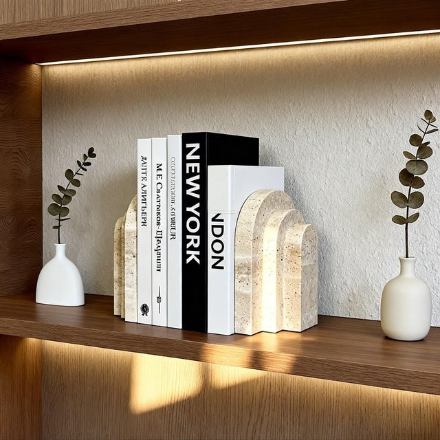 Moderne Buchstütze aus natürlichem Travertin-Marmor in Beige für Schreibtisch und Bücherregal - Bild 1