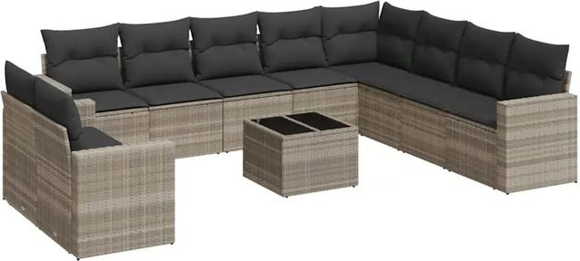 vidaXL 11-tlg. Garten-Sofagarnitur aus Poly-Rattan in Hellgrau mit Kissen und L-Form - Bild 1
