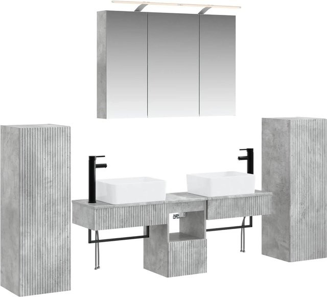 vidaXL 6-teiliges Badezimmermöbel-Set in Betongrau mit Ingenieurholz und Glas, modern mit LED-Beleuchtung und Spiegelschrank - Bild 1