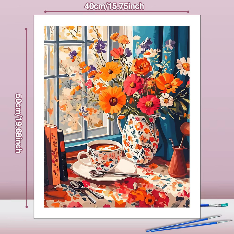 Huacan DIY-Ölgemälde nach Zahlen für Anfänger mit Blumenvase und Kaffeetasse, Mehrfarbiges Leinwand-Kunstset zur Heimdekoration - Bild 2