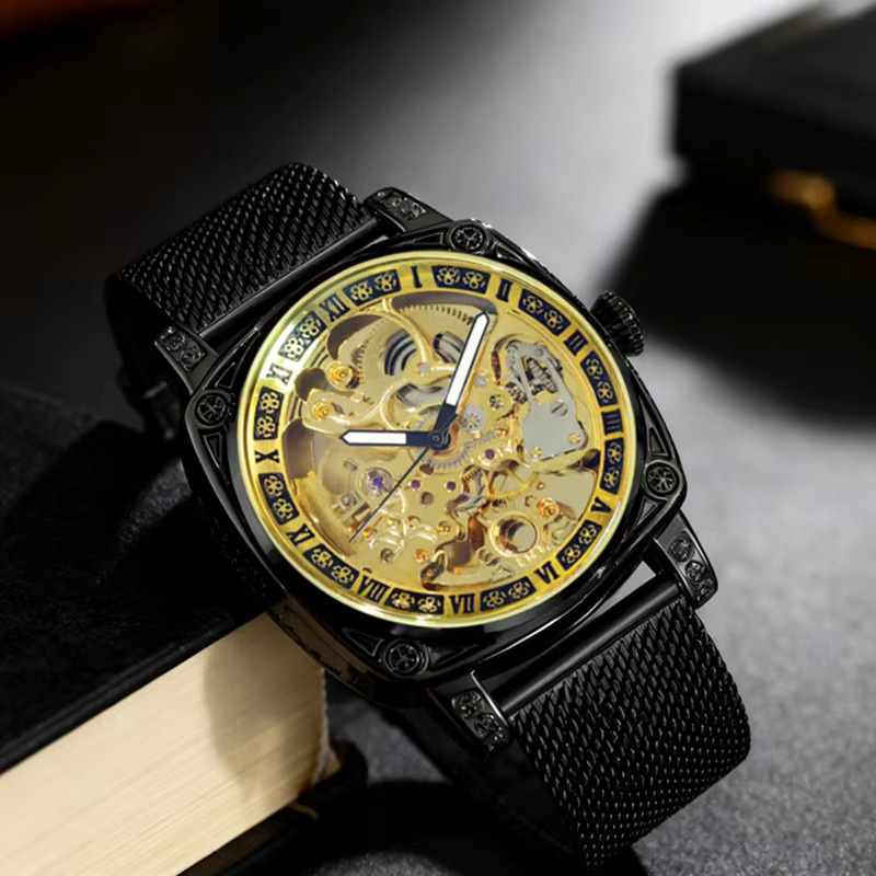 CAROTIF Herren Armbanduhr, mechanisch, gelb, schwarz, Mesh-Armband - Bild 3