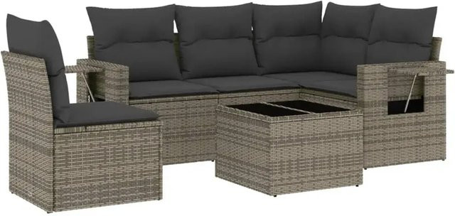 vidaXL 6-teilige Garten-Sofagarnitur in L-Form aus schwarzem Poly-Rattan mit UV-beständigen Kissen und pulverbeschichtetem Stahlgestell - Bild 1