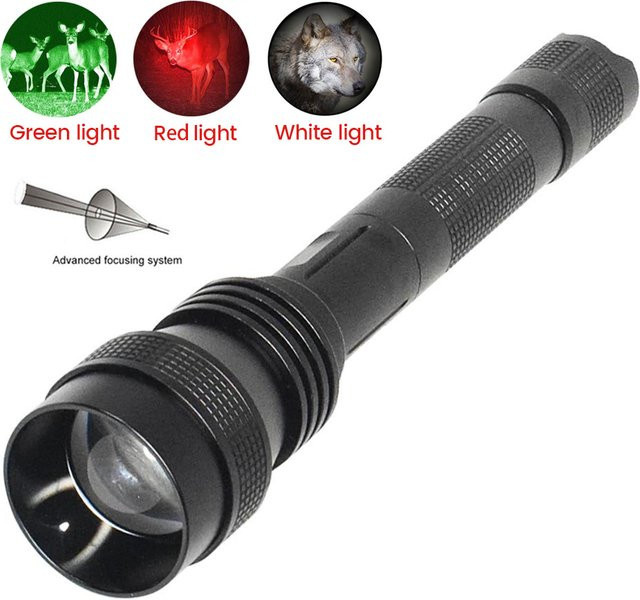 VASTFIRE Wiederaufladbare LED-Taschenlampe mit RGB-Modi in Grün, Rot und Weiß, Wasserdichte taktische Zoom-Leuchte für Camping und Jagd, Schwarz - Bild 1