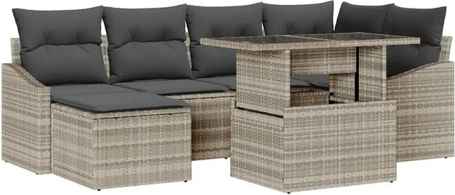 vidaXL Garten-Sofa-Set aus Polyrattan in Hellgrau, 7-teiliges L-Shape Lounge-Set mit Kissen und Metallrahmen - Bild 1