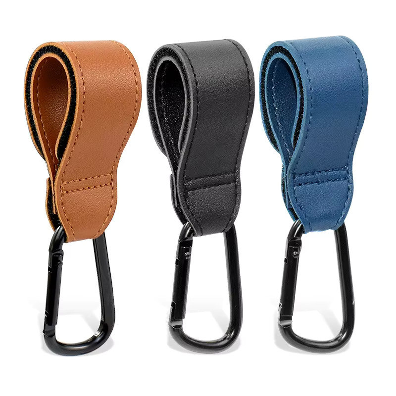 Kinderwagen-Haken aus PU-Leder mit Kletterkarabiner für Wickeltaschen und Organizer, Blau - Bild 1