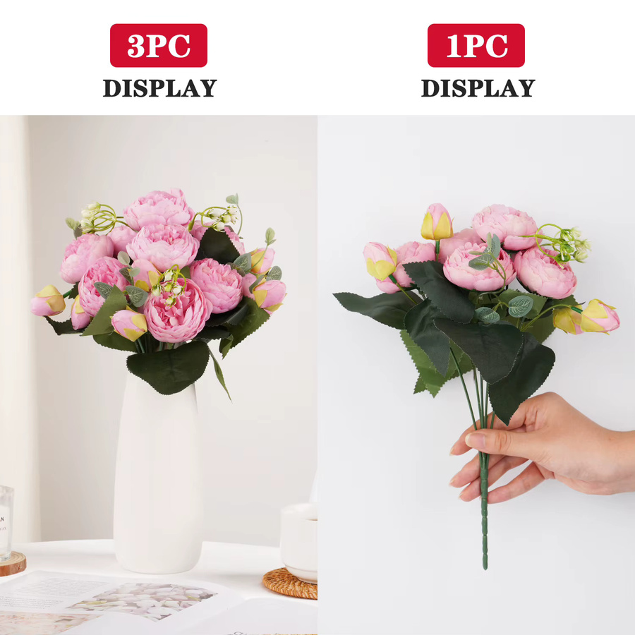 Uflower Seiden-Pfingstrosenstrauß in Rot mit 5 großen Köpfen und 4 kleinen Knospen, künstliche Blumen für Hochzeiten und Heimdekoration, Höhe: 30 cm - Bild 2